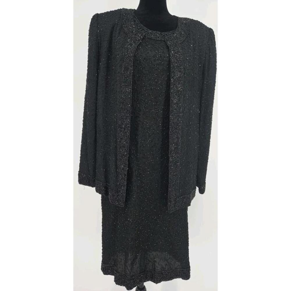 Vintage Laurence‎ Kazar 80s Beaded Dress (L) And Jacket (M) Black Sequin Silk